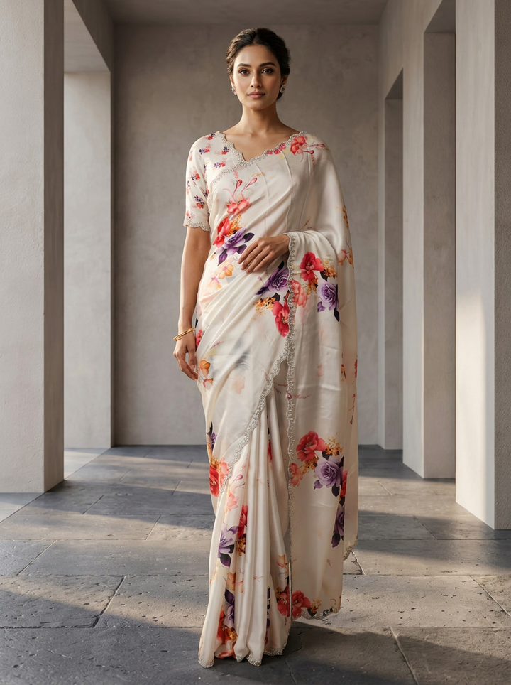 Purple Satin Floral Printed And Beads Embroidered Saree