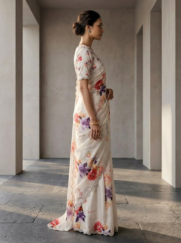 Purple Satin Floral Printed And Beads Embroidered Saree