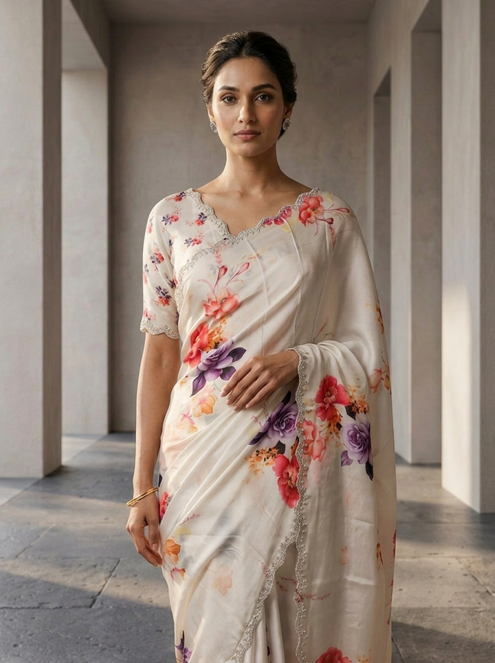 Purple Satin Floral Printed And Beads Embroidered Saree