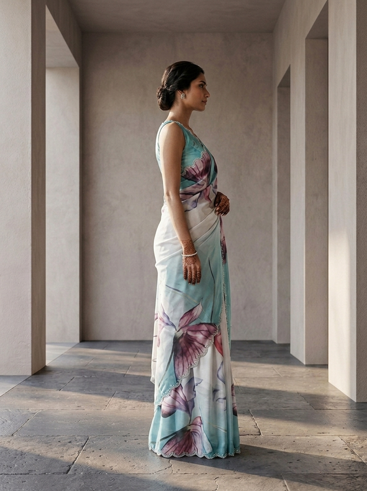 Sea Green Crepe Floral Printed Saree