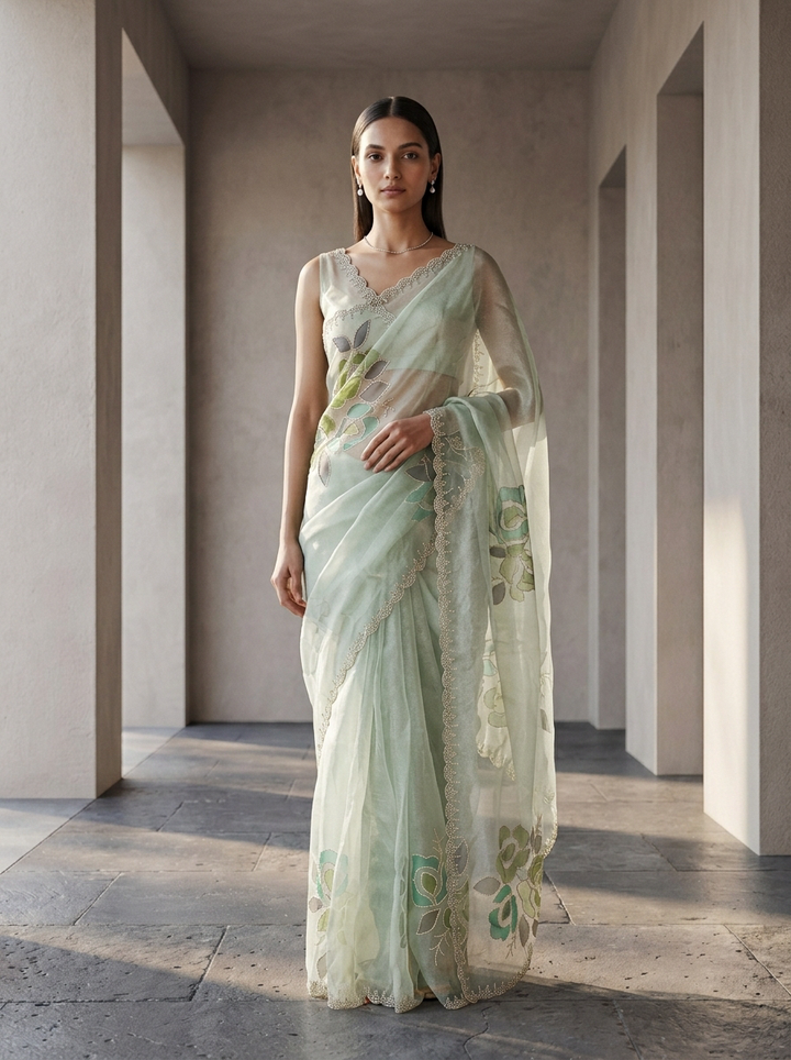 Pista Green Organza Stone Embroidery Saree