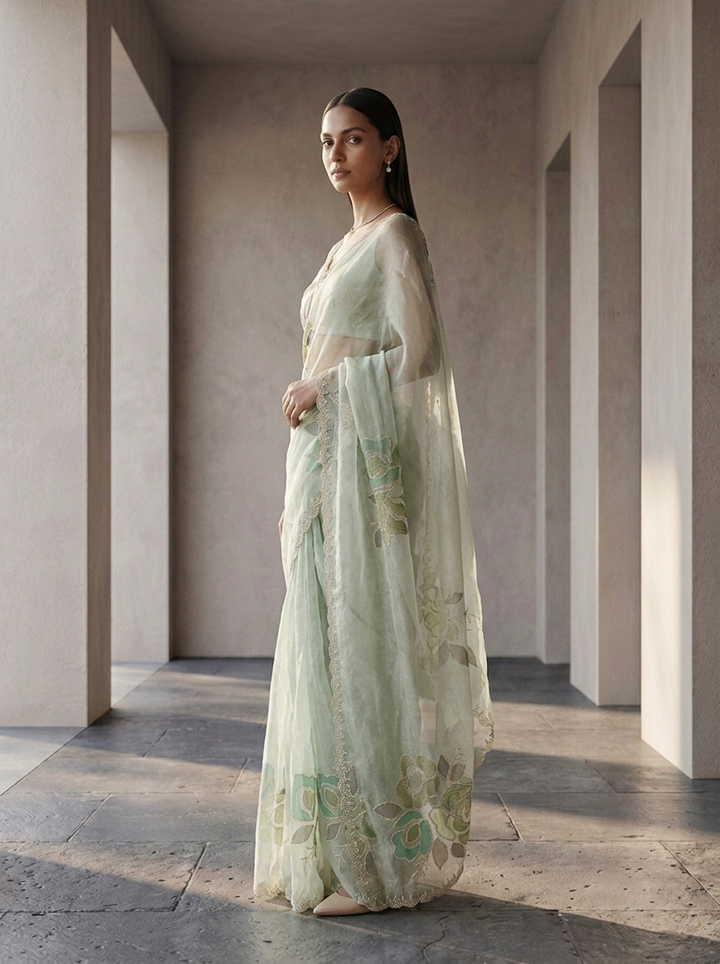 Pista Green Organza Stone Embroidery Saree