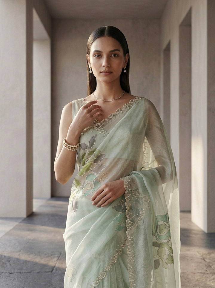 Pista Green Organza Stone Embroidery Saree