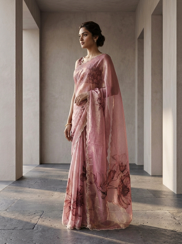 Magenta Satin Printed Saree