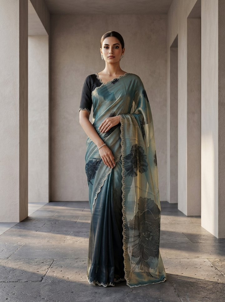 Peacock Satin Floral Printed Saree