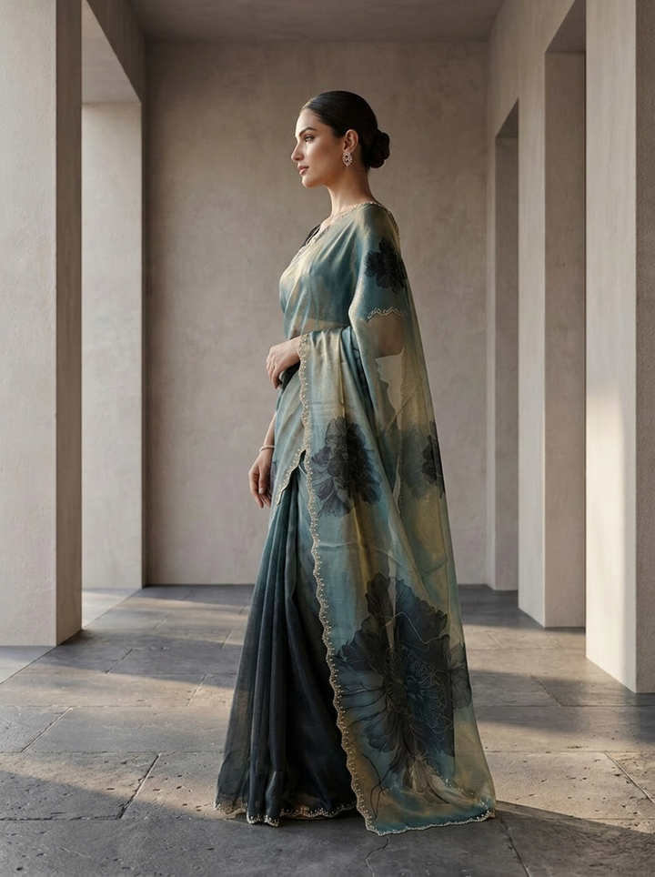 Peacock Satin Floral Printed Saree