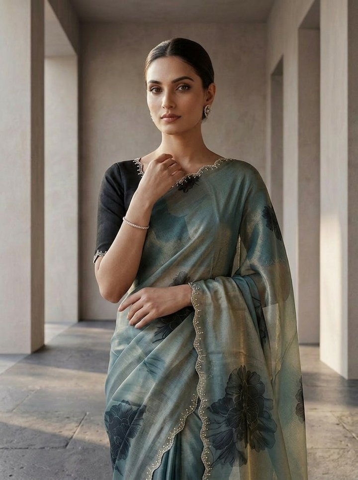 Peacock Satin Floral Printed Saree