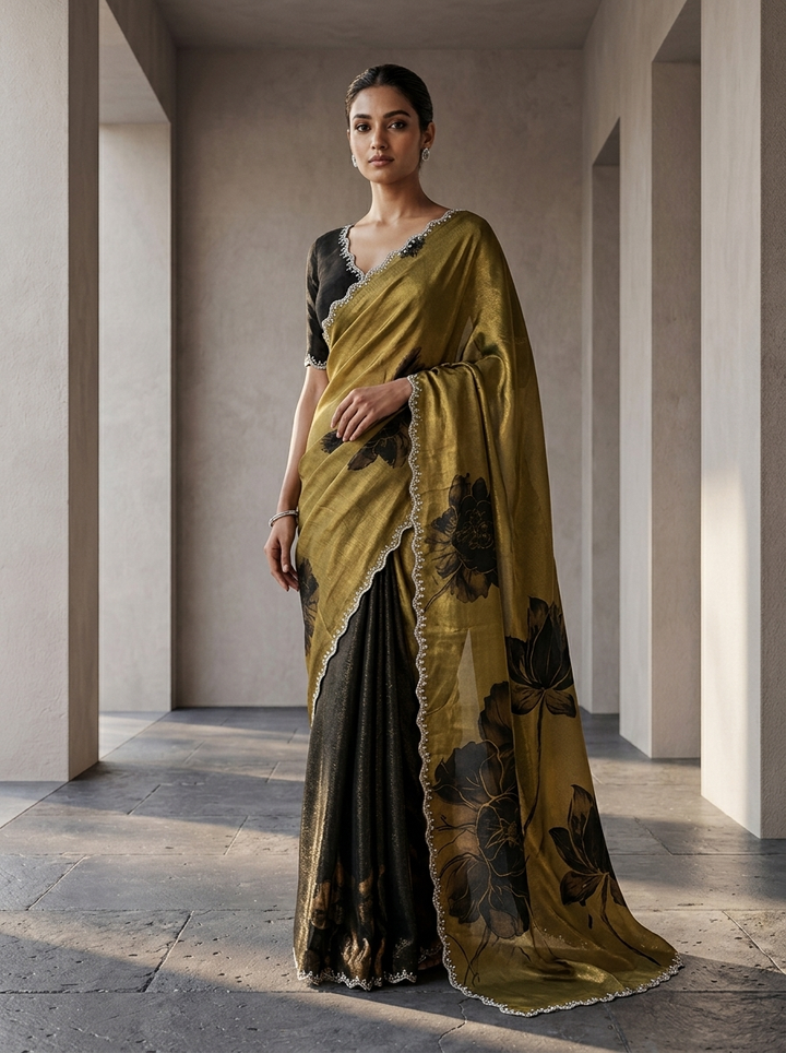 Mustard And Black Satin Floral Digital Printed Saree