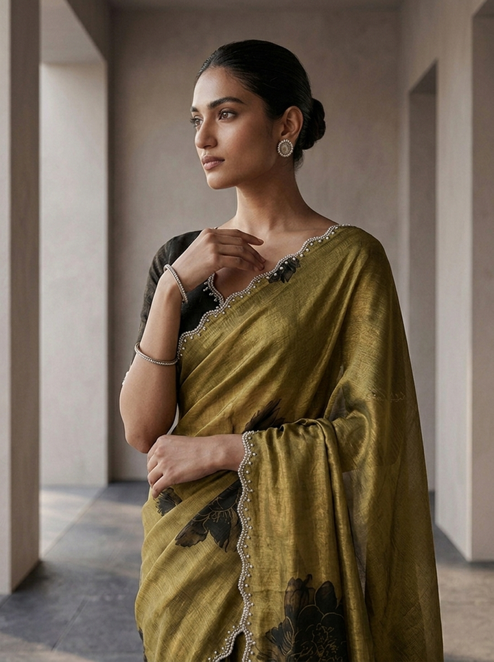 Mustard And Black Satin Floral Digital Printed Saree