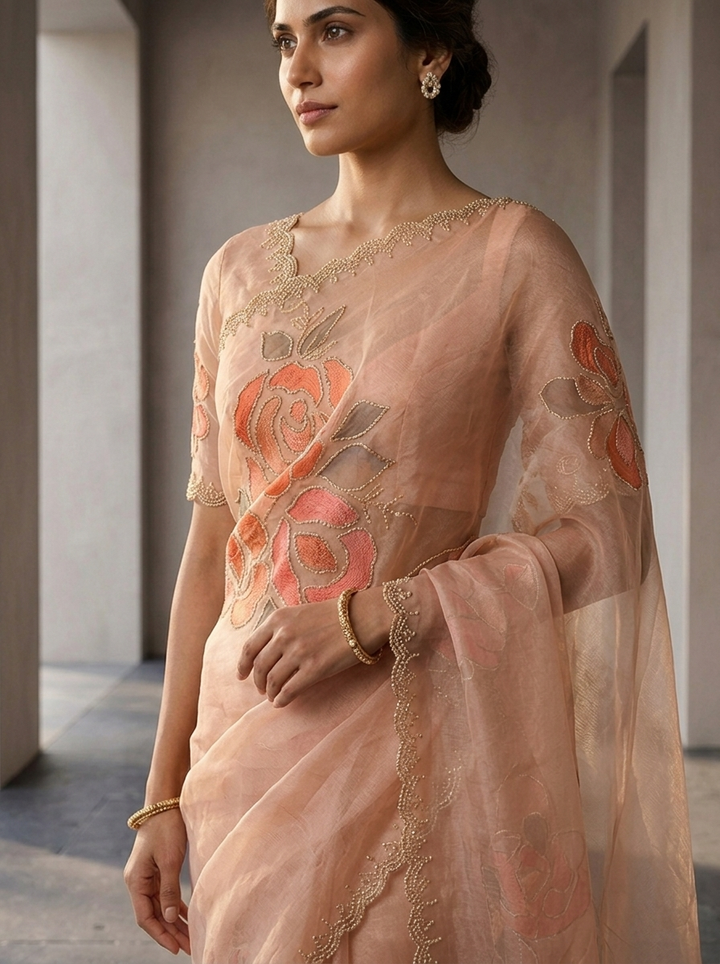 Peach Organza Stone Embroidery Saree