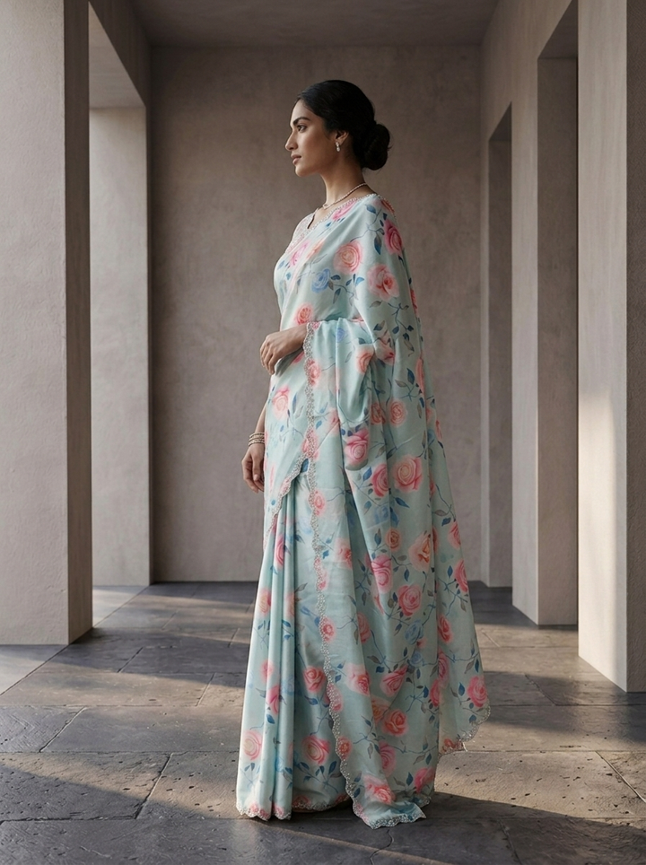 Sky Blue Satin Heavy Floral Digital Printed Saree