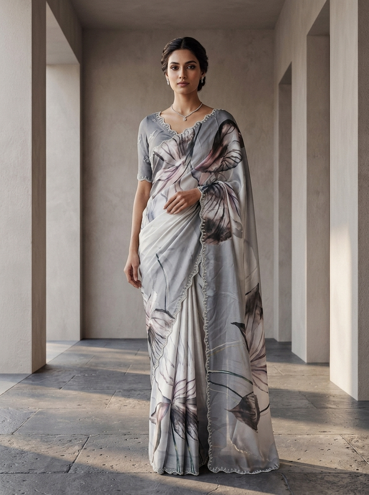 Grey Crepe Floral Printed Saree