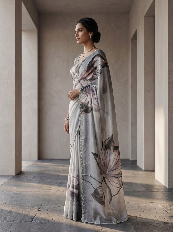 Grey Crepe Floral Printed Saree