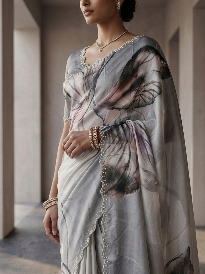 Grey Crepe Floral Printed Saree