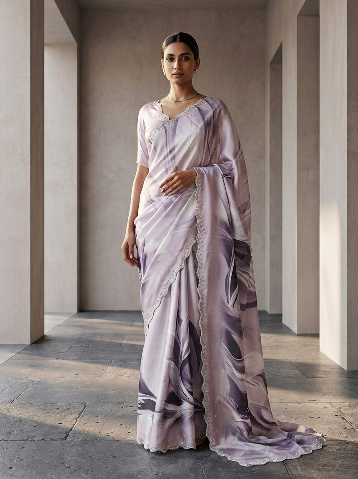 Onion Pink Satin Abstract Printed Saree