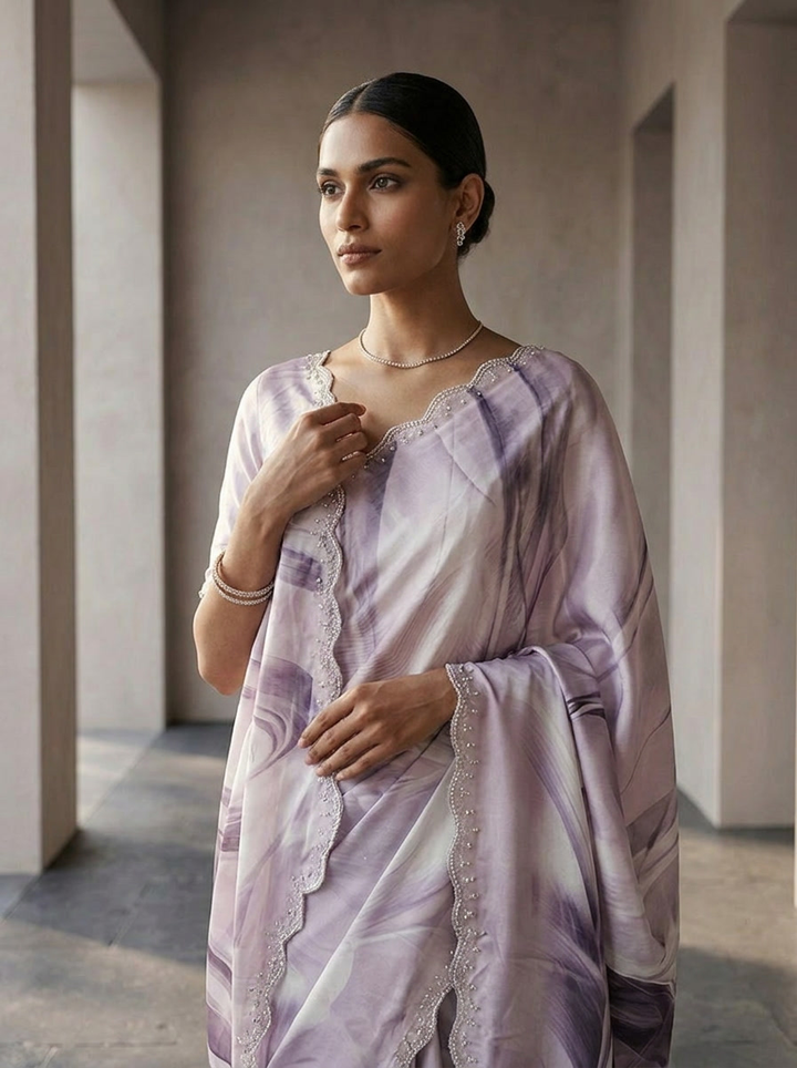 Onion Pink Satin Abstract Printed Saree