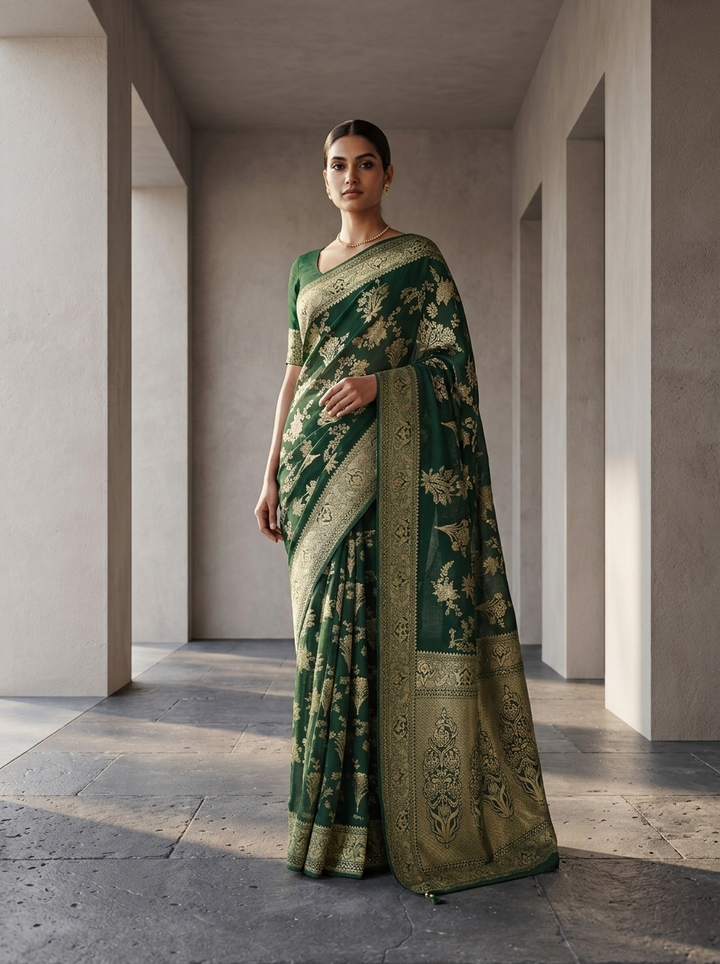 Bottle Green Banaras Floral Design Weaved Saree
