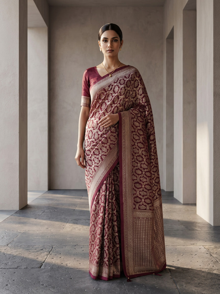 Wine Banaras Weaved Saree With Heavy Floral Design