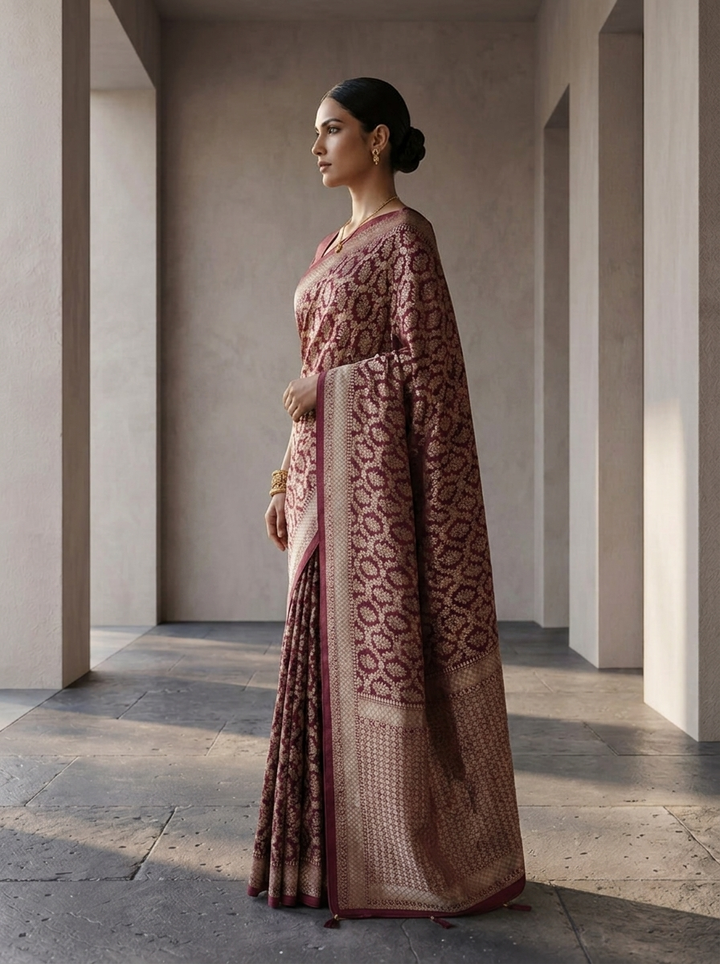 Wine Banaras Weaved Saree With Heavy Floral Design