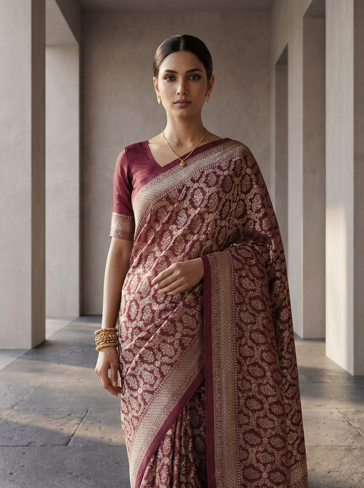 Wine Banaras Weaved Saree With Heavy Floral Design