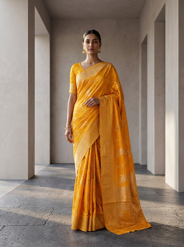 Yellow Banaras Saree With Heavy Floral Design