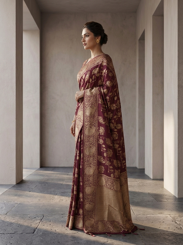 Wine Banaras Paisley Design Weaved Saree