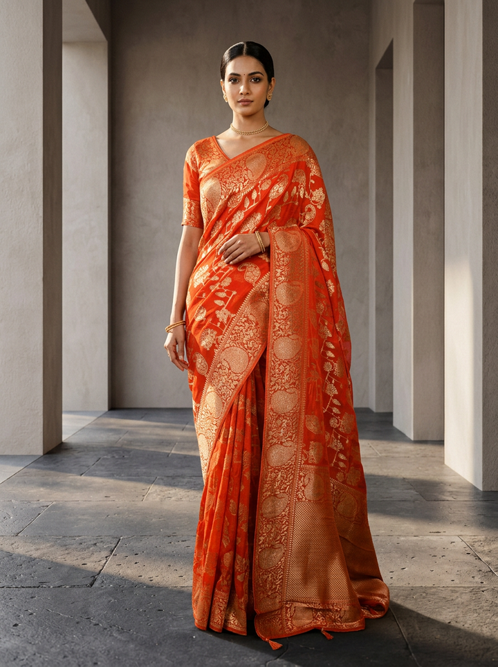 Orange Banaras Paisley Design Weaved Saree