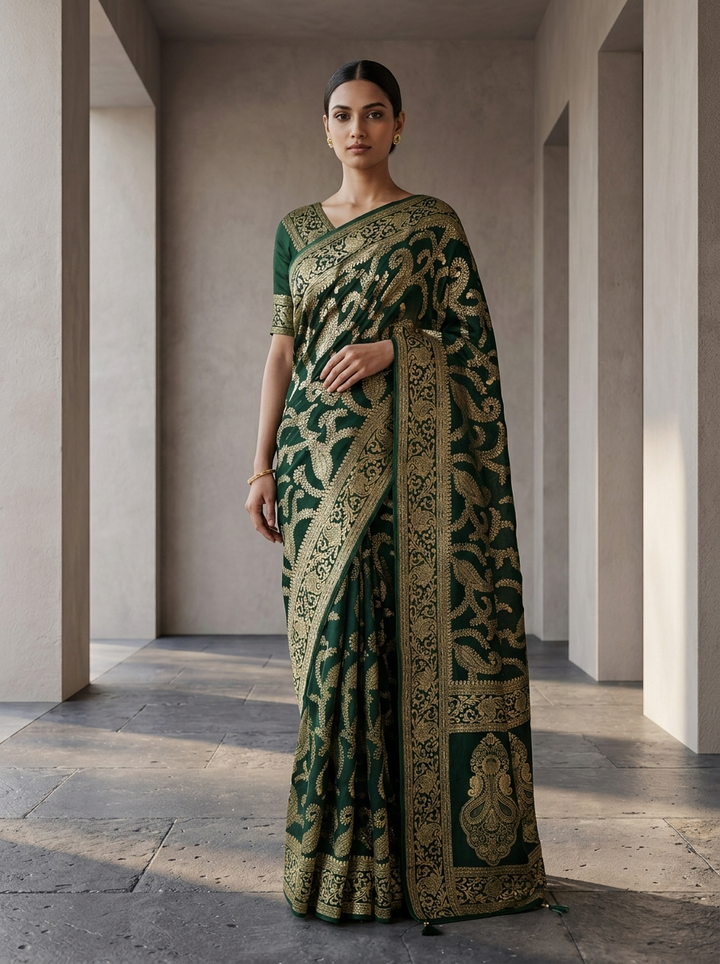 Bottle Green Banaras Floral Design Weaved Saree