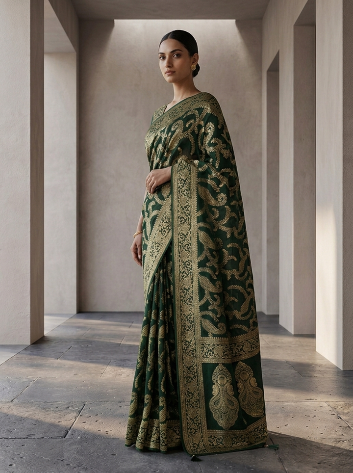 Bottle Green Banaras Floral Design Weaved Saree