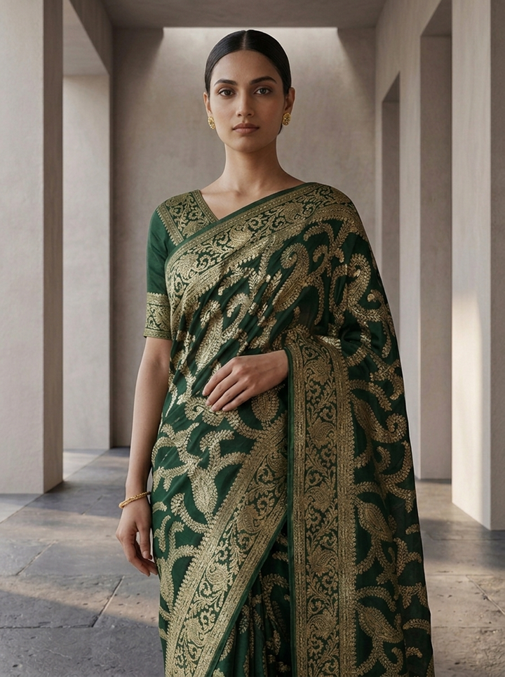 Bottle Green Banaras Floral Design Weaved Saree