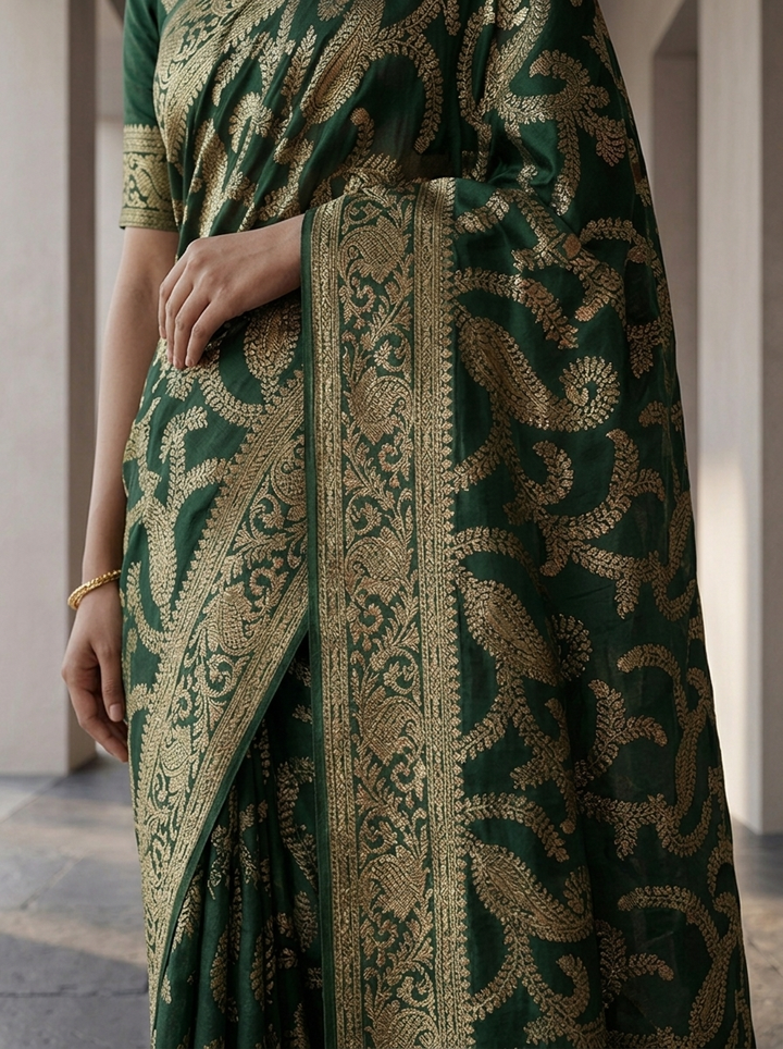 Bottle Green Banaras Floral Design Weaved Saree
