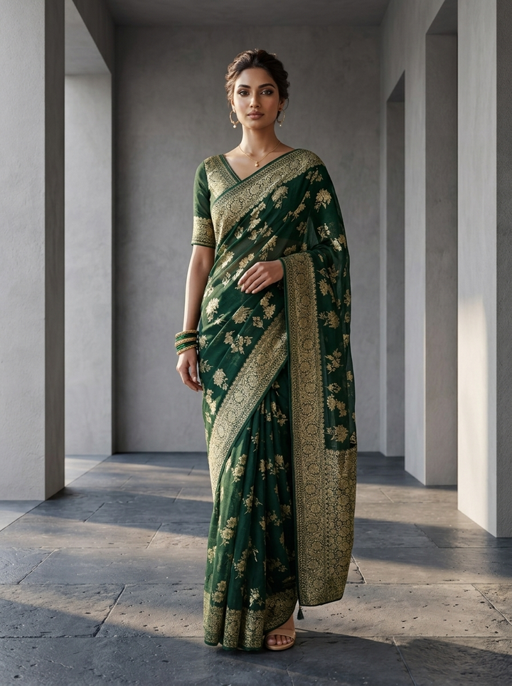 Bottle Green Banaras Weaved Saree With Floral Design