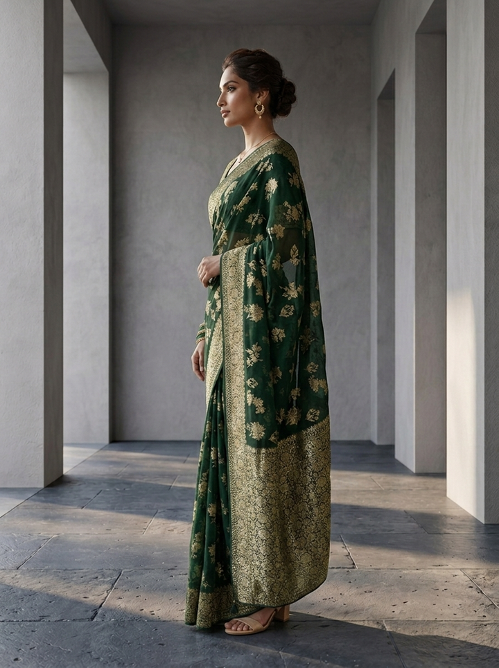 Bottle Green Banaras Weaved Saree With Floral Design