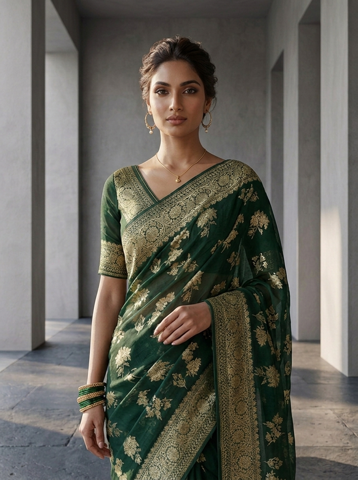 Bottle Green Banaras Weaved Saree With Floral Design