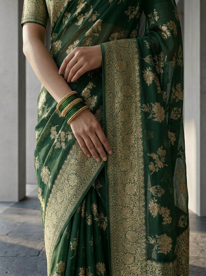 Bottle Green Banaras Weaved Saree With Floral Design