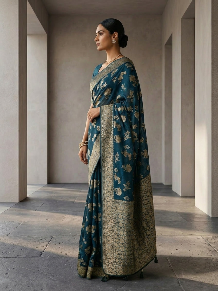Peacock Banaras Weaved Saree With Floral Design