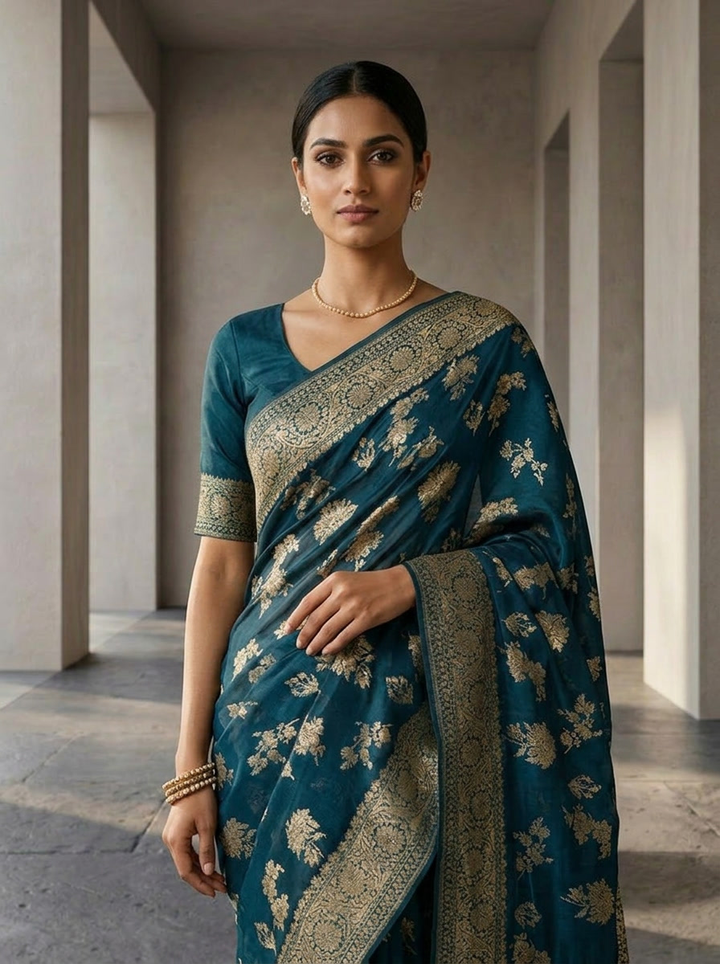 Peacock Banaras Weaved Saree With Floral Design