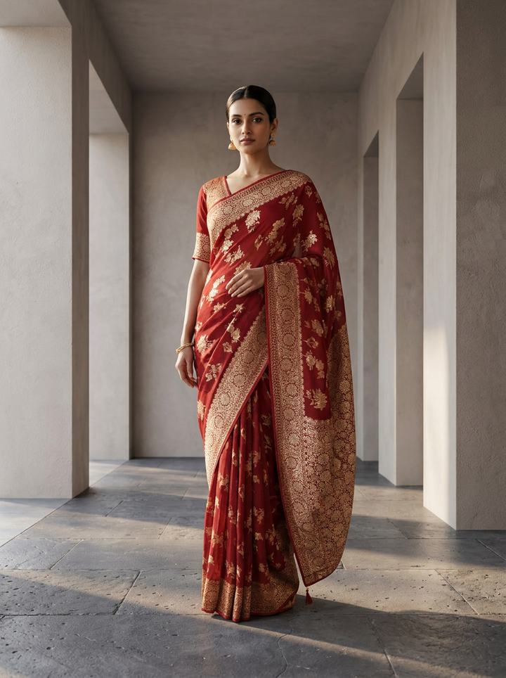 Maroon Banaras Weaved Saree With Floral Design