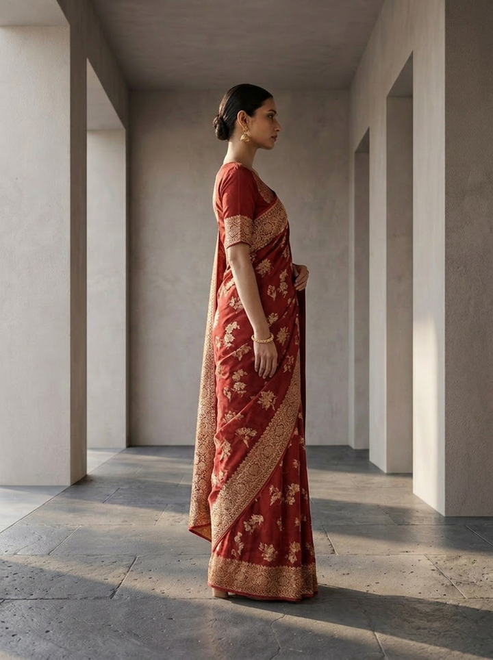 Maroon Banaras Weaved Saree With Floral Design