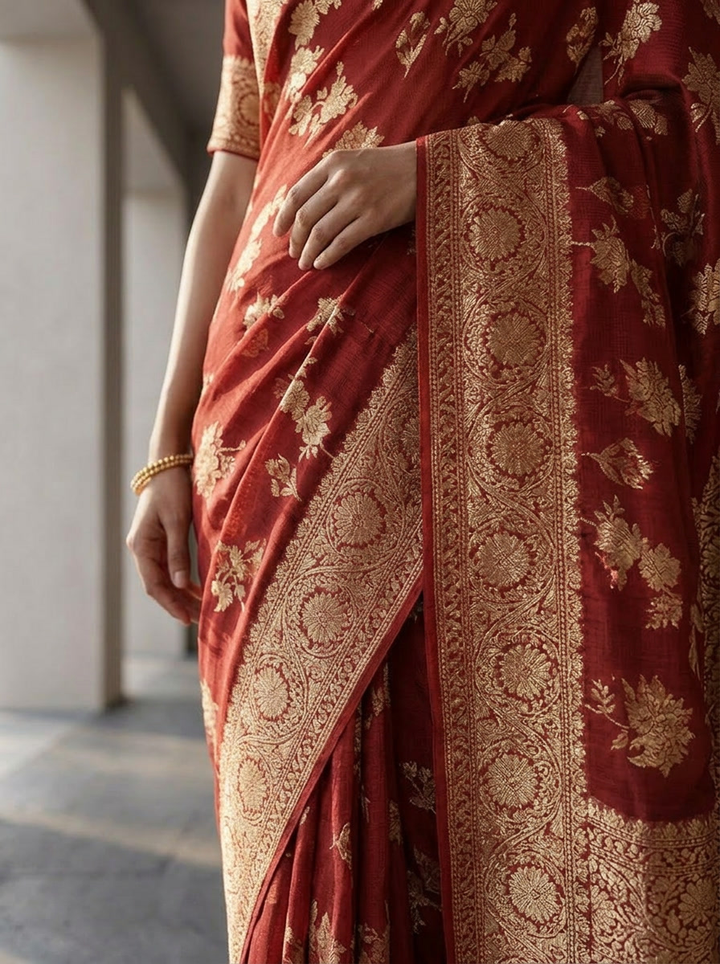 Maroon Banaras Weaved Saree With Floral Design