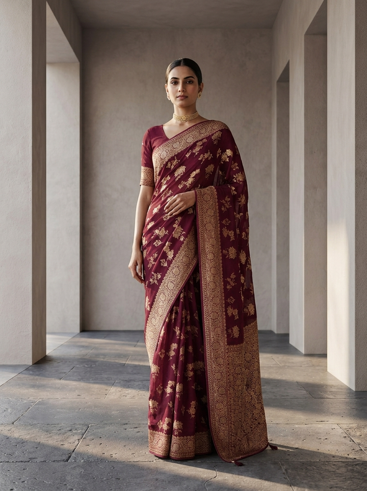 Wine Banaras Weaved Saree With Floral Design