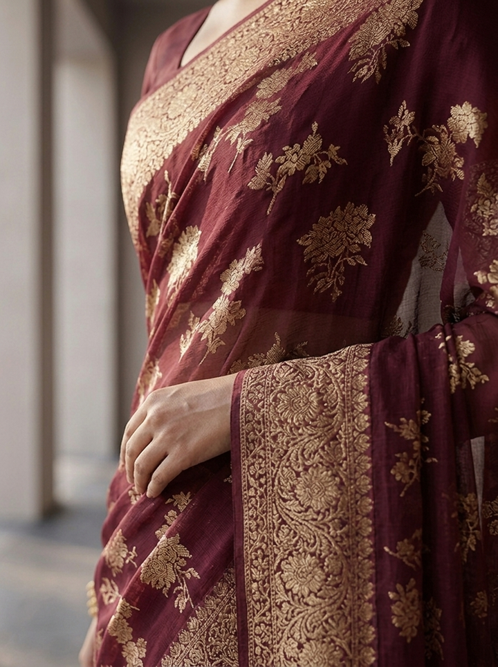 Wine Banaras Weaved Saree With Floral Design