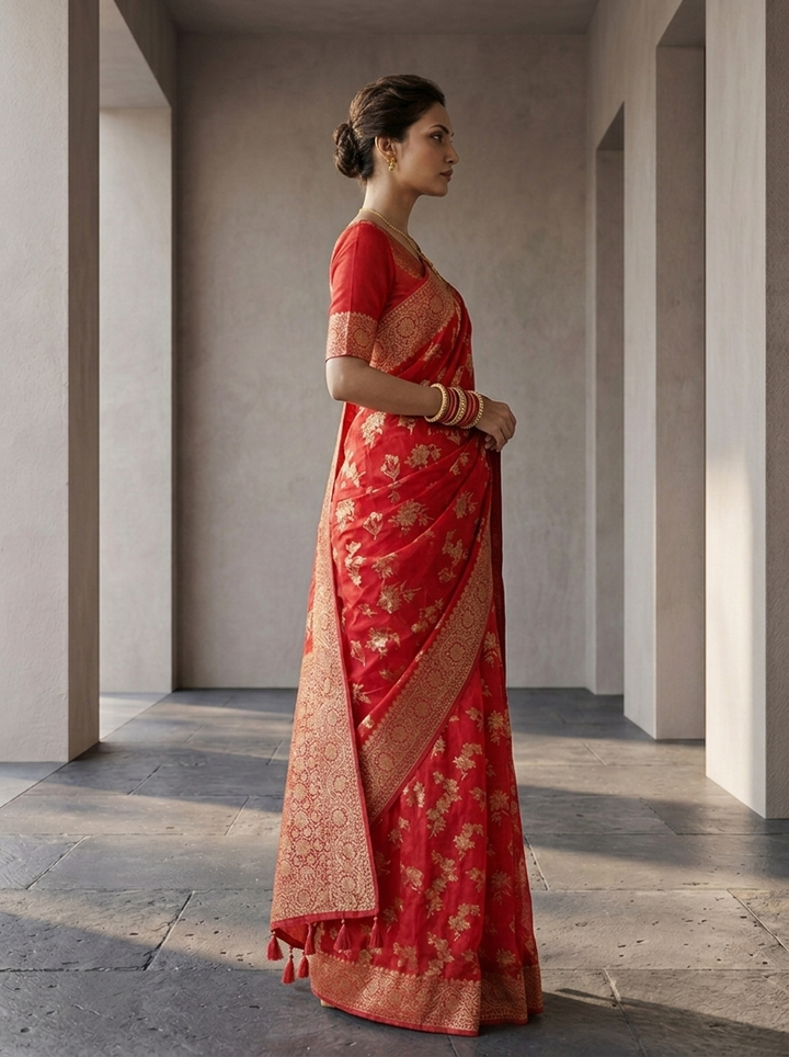 Rani Pink Banaras Weaved Saree With Floral Design