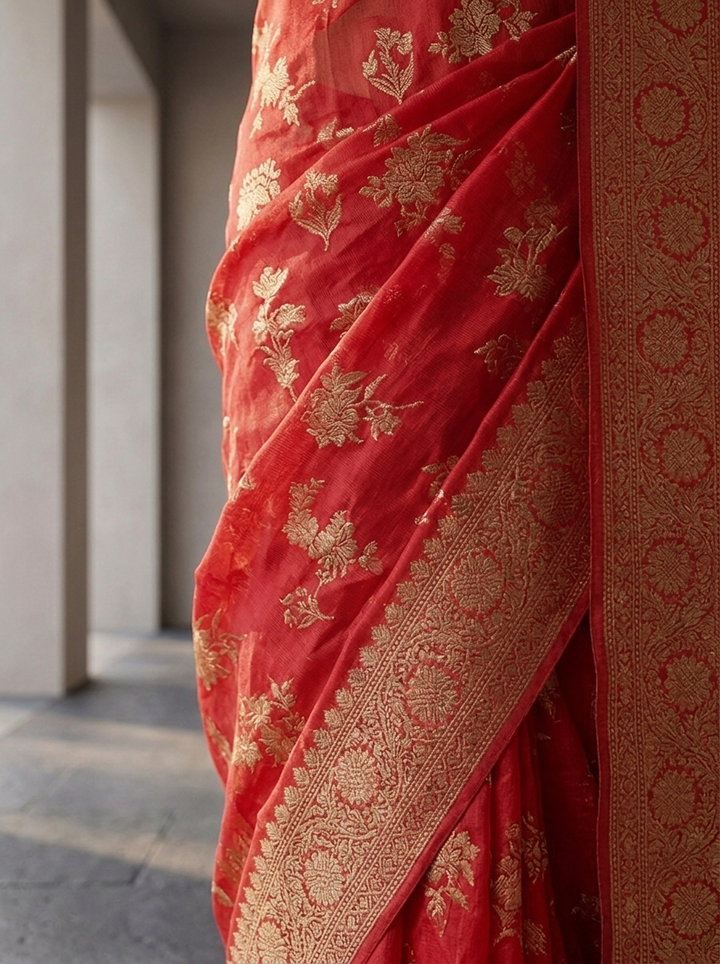 Rani Pink Banaras Weaved Saree With Floral Design