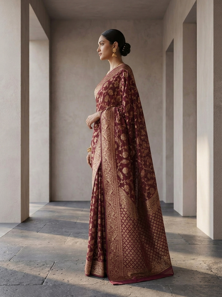 Wine Banaras Weaved Floral Design Saree