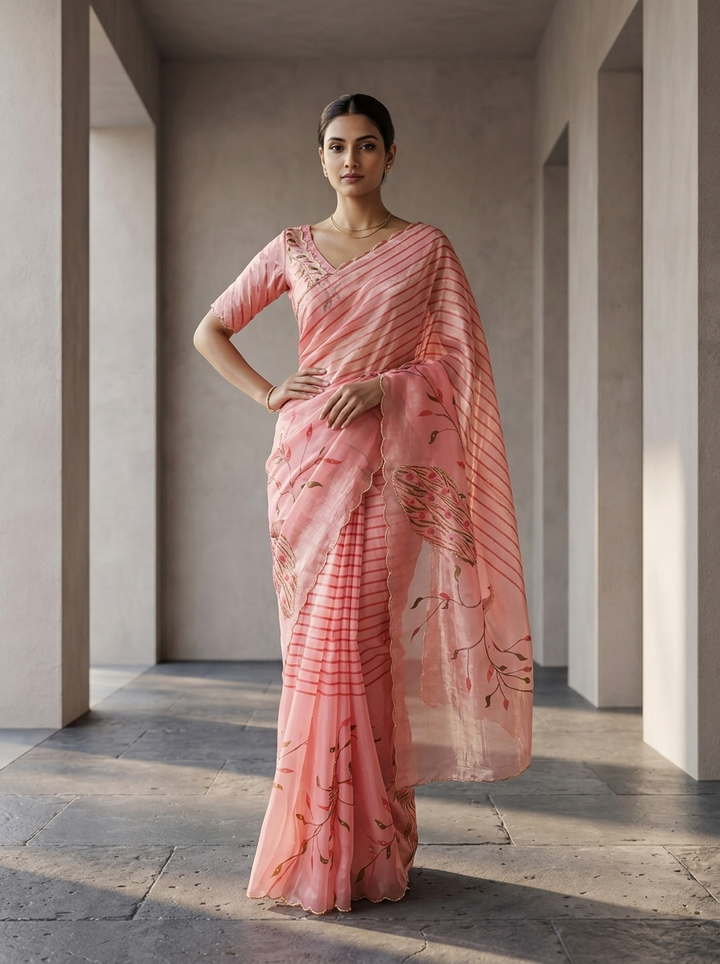 Onion Pink Tissue Floral Printed Saree