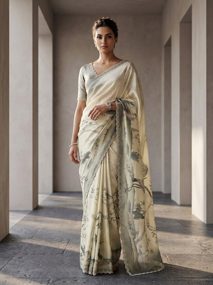 Pista Green Satin Floral Digital Printed Saree