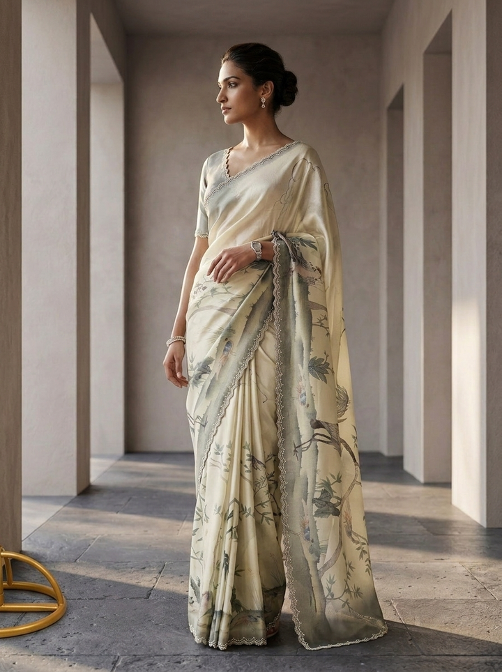 Pista Green Satin Floral Digital Printed Saree
