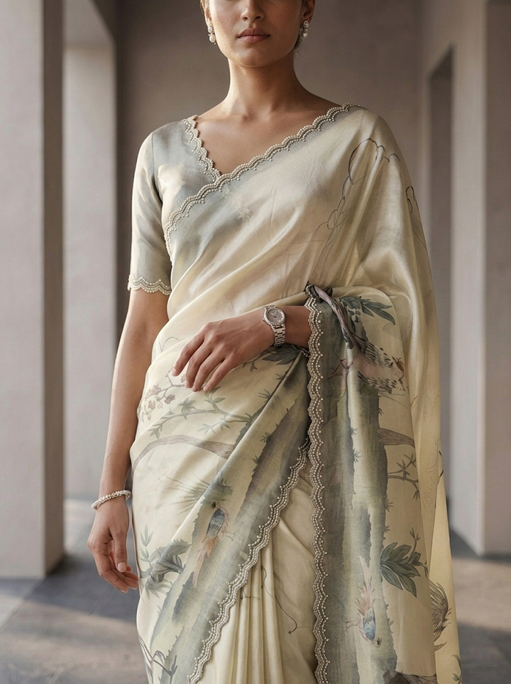 Pista Green Satin Floral Digital Printed Saree