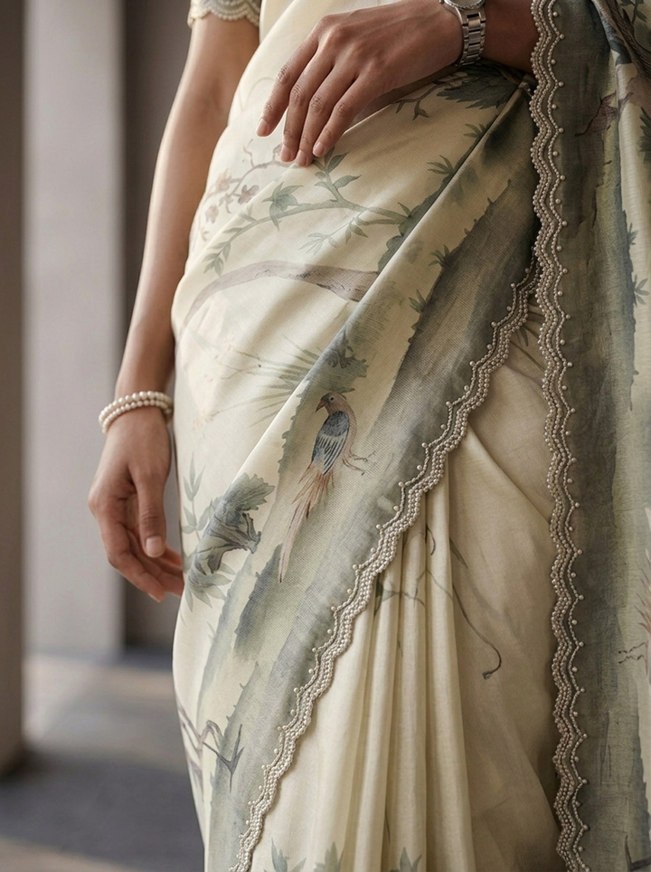 Pista Green Satin Floral Digital Printed Saree